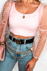 Pink Polka Dot Organza Sleeve Crop Top - Bianca-Crop Tops