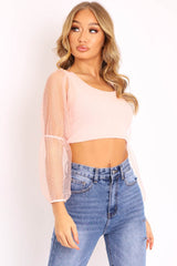 Pink Polka Dot Organza Sleeve Crop Top - Bianca-Crop Tops