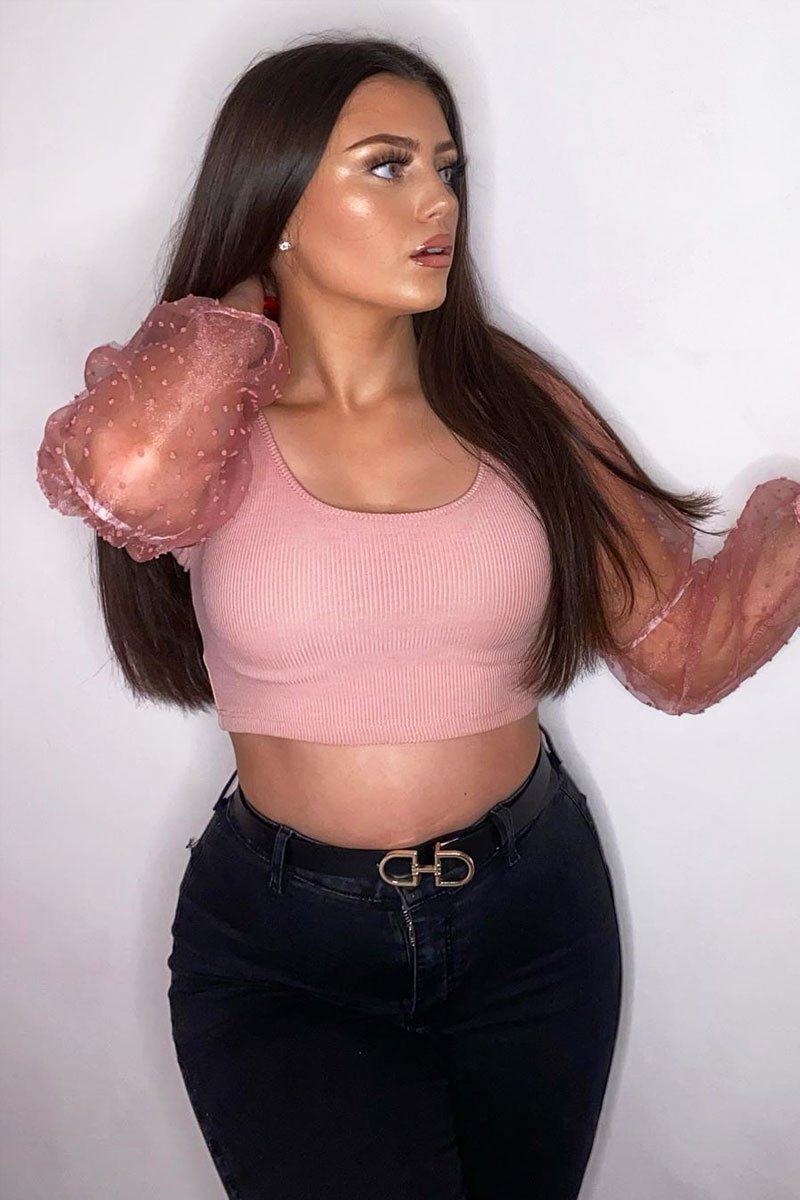 Pink Polka Dot Organza Sleeve Crop Top - Bianca-Crop Tops