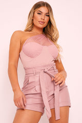 Pink Polka Mesh Corset One Shoulder Bodysuit - Carrie-Bodysuits