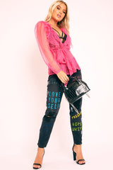 Pink Polka Mesh Long Sleeve Ruffle Blouse - Lattie-Blouse