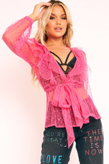 Pink Polka Mesh Long Sleeve Ruffle Blouse - Lattie-Blouse