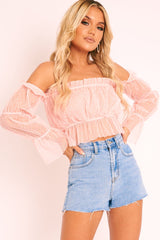 Pink Polka Mesh Ruffle Bardot Crop Top - Aagna-Crop Tops
