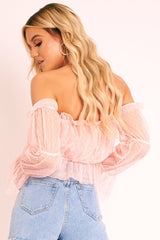 Pink Polka Mesh Ruffle Bardot Crop Top - Aagna-Crop Tops