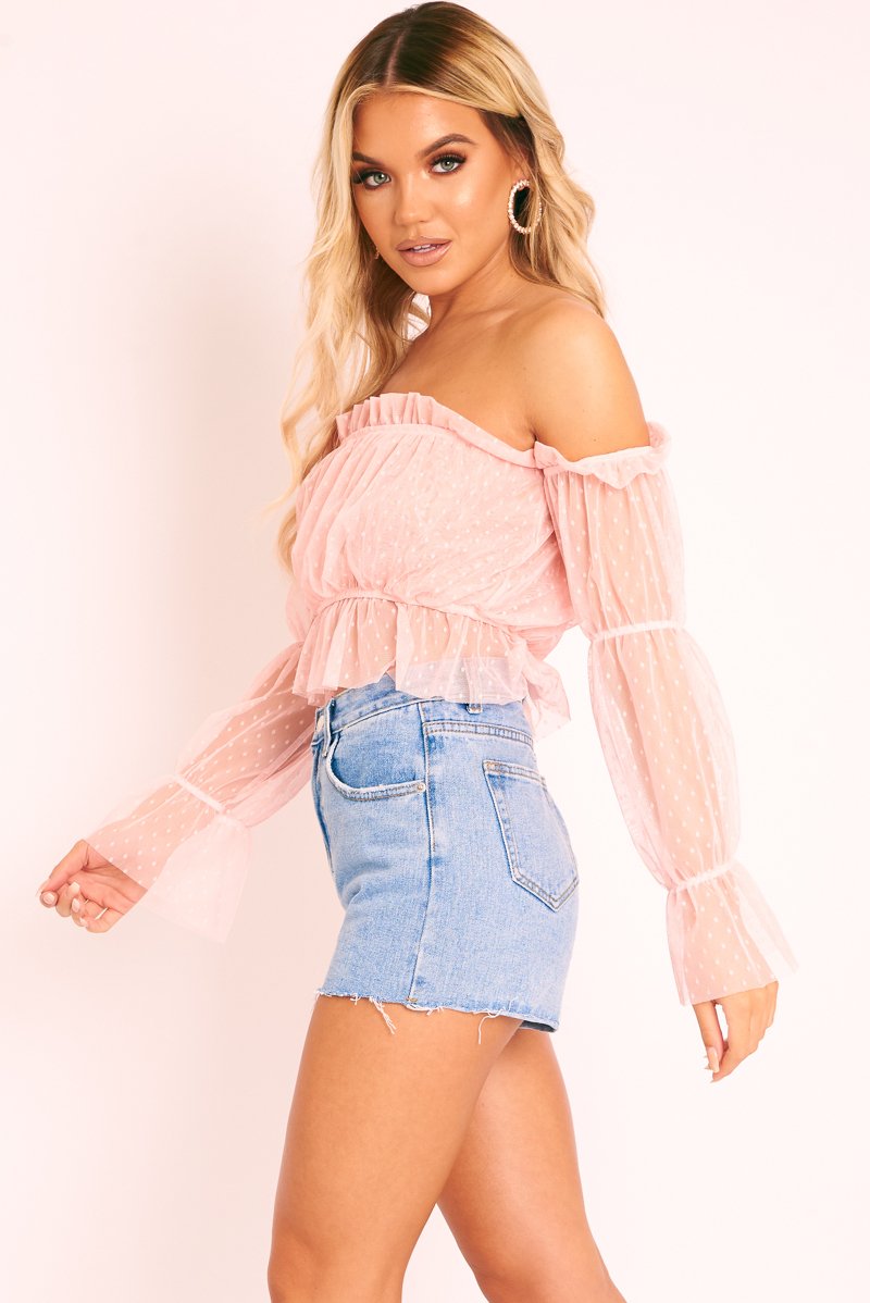 Pink Polka Mesh Ruffle Bardot Crop Top - Aagna-Crop Tops