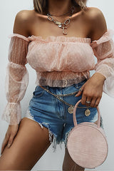 Pink Polka Mesh Ruffle Bardot Crop Top - Aagna-Crop Tops