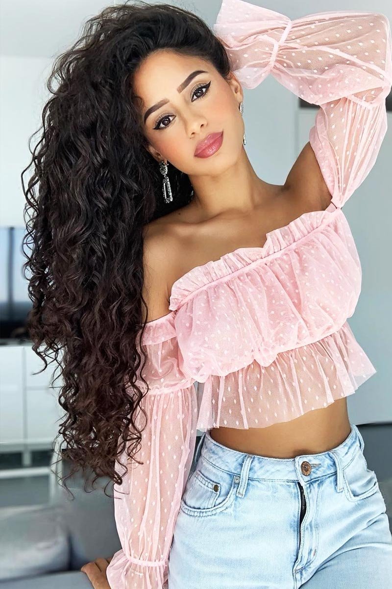 Pink Polka Mesh Ruffle Bardot Crop Top - Aagna-Crop Tops