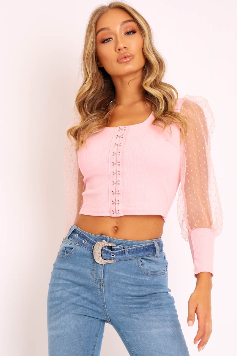 Pink Polka Sleeve Eyelet Fastening Square Neck Top - Aayla-Tops