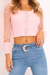 Pink Polka Sleeve Eyelet Fastening Square Neck Top - Aayla-Tops