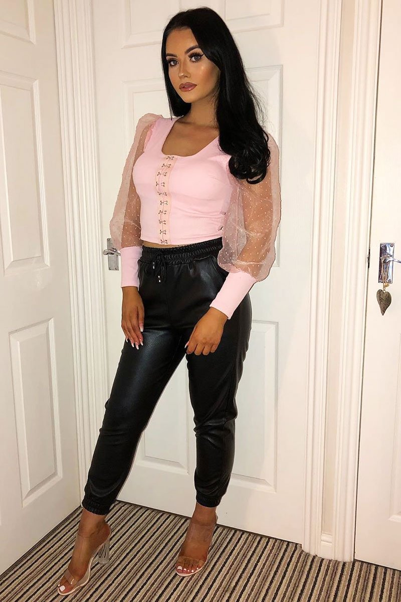 Pink Polka Sleeve Eyelet Fastening Square Neck Top - Aayla-Tops