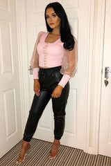 Pink Polka Sleeve Eyelet Fastening Square Neck Top - Aayla-Tops