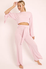 Pink Rib Crop Jumper Tie Wide Leg Trousers Loungewear Co-Ord - Mirabel-Loungewear