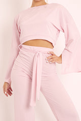 Pink Rib Crop Jumper Tie Wide Leg Trousers Loungewear Co-Ord - Mirabel-Loungewear