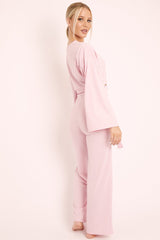 Pink Rib Crop Jumper Tie Wide Leg Trousers Loungewear Co-Ord - Mirabel-Loungewear