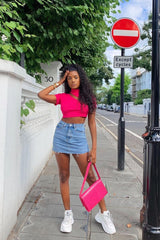 Pink Rib High Neck Crop Top - Talina-Crop Tops
