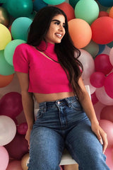 Pink Rib High Neck Crop Top - Talina-Crop Tops