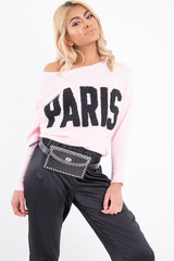 Pink Rib Knit Paris Slogan Jumper - Khylah-Jumper