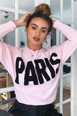 Pink Rib Knit Paris Slogan Jumper - Khylah-Jumper