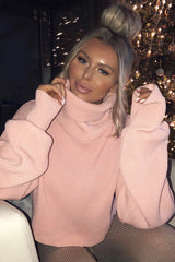 Pink Rib Knit Roll Neck Jumper - Brinna-Jumper