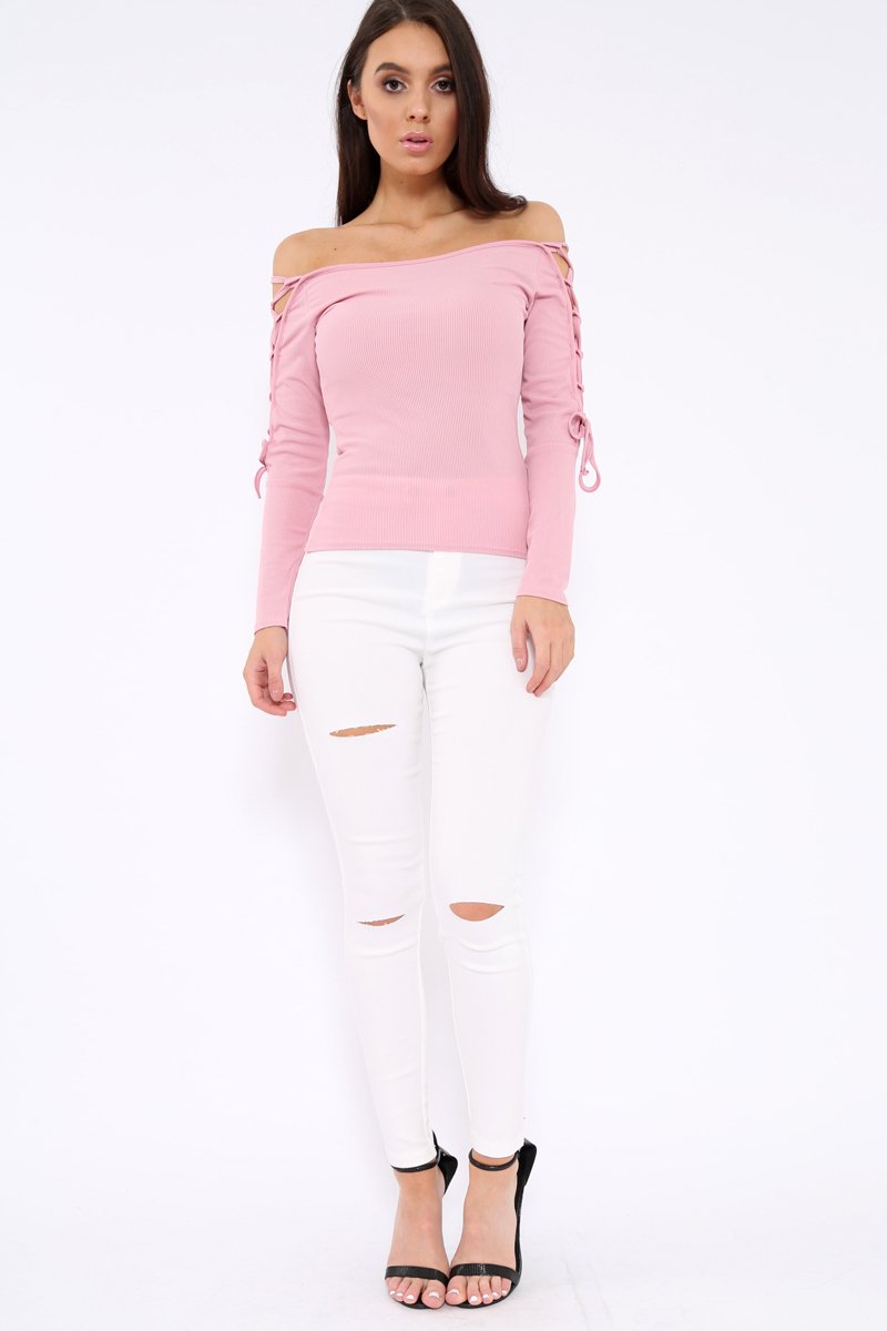 Pink Ribbed Bardot Lace up Sleeve Top - Phoenix-Tops