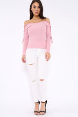Pink Ribbed Bardot Lace up Sleeve Top - Phoenix-Tops