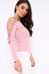Pink Ribbed Bardot Lace up Sleeve Top - Phoenix-Tops