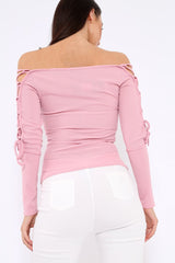 Pink Ribbed Bardot Lace up Sleeve Top - Phoenix-Tops