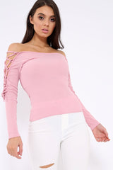 Pink Ribbed Bardot Lace up Sleeve Top - Phoenix-Tops
