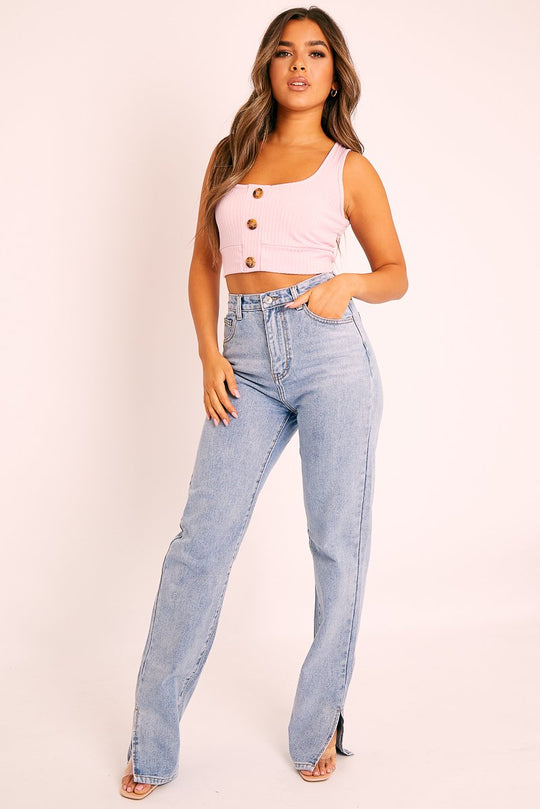 Pink Ribbed Button Front Crop Top - Brihana