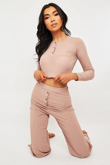 Pink Ribbed Button Front Top + Trouser Co-ord - Emani-Loungewear