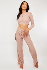 Pink Ribbed Button Front Top + Trouser Co-ord - Emani-Loungewear