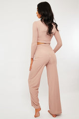 Pink Ribbed Button Front Top + Trouser Co-ord - Emani-Loungewear