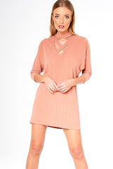 Pink Ribbed Choker Cross Strap Mini Dress - Meghann-Dresses