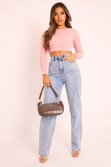 Pink Ribbed Corset Under Bust Crop Top - Kalena-Tops