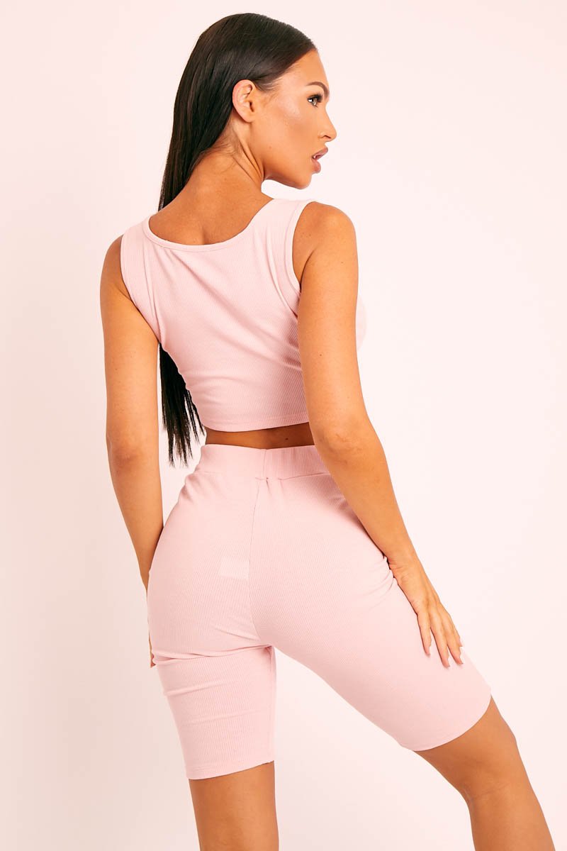 Pink Ribbed Crop Top and Cycling Shorts Co-ord - Nina-Co-ords