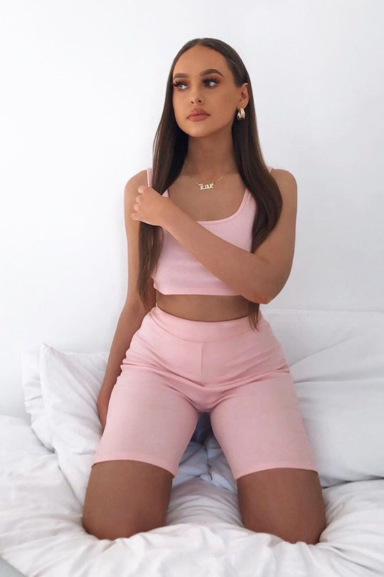 Pink Ribbed Crop Top and Cycling Shorts Co-ord - Nina