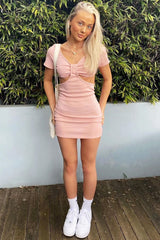 Pink Ribbed Extreme Side Cut Out Mini Dress - Jaydee-Dresses