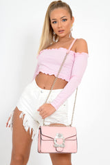 Pink Ribbed Frill Bardot Crop Top - Cassidy-Crop Tops