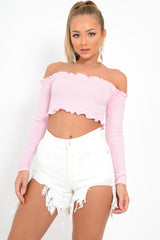 Pink Ribbed Frill Bardot Crop Top - Cassidy-Crop Tops