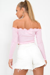 Pink Ribbed Frill Bardot Crop Top - Cassidy-Crop Tops