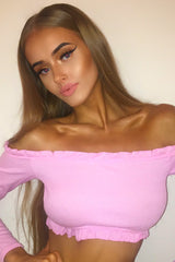 Pink Ribbed Frill Bardot Crop Top - Cassidy-Crop Tops