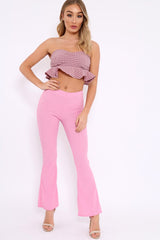 Pink Ribbed Kick Flare Trousers - Chlo-Trousers