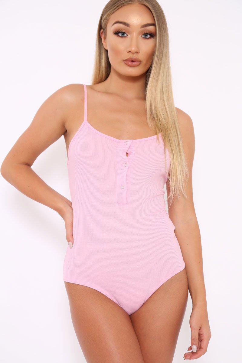 Pink Ribbed Popper Front Bodysuit - Baylee-Bodysuits