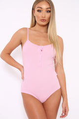 Pink Ribbed Popper Front Bodysuit - Baylee-Bodysuits