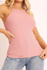 Pink Ribbed Racer Neck Top - Daley-Tops