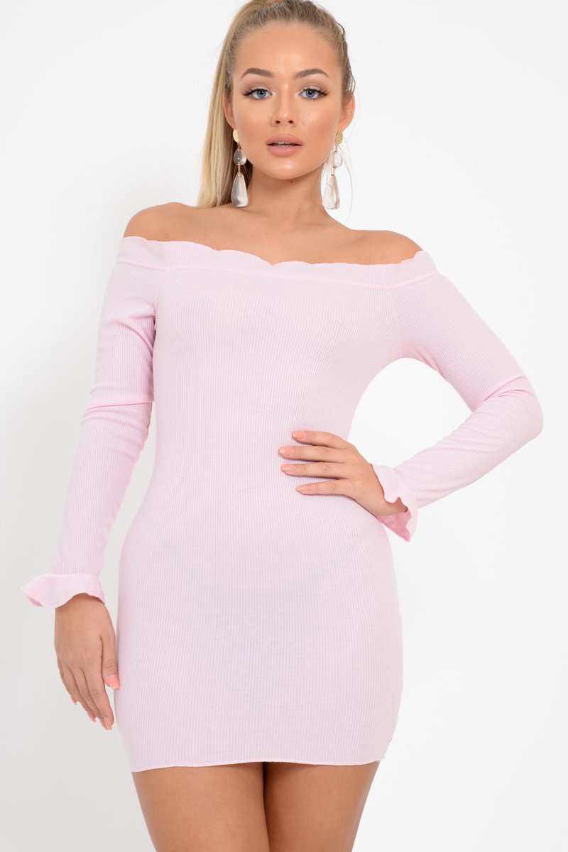 Pink Ribbed Ruffle Long Sleeve Bardot Dress - Madison-Dresses