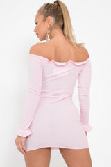 Pink Ribbed Ruffle Long Sleeve Bardot Dress - Madison-Dresses