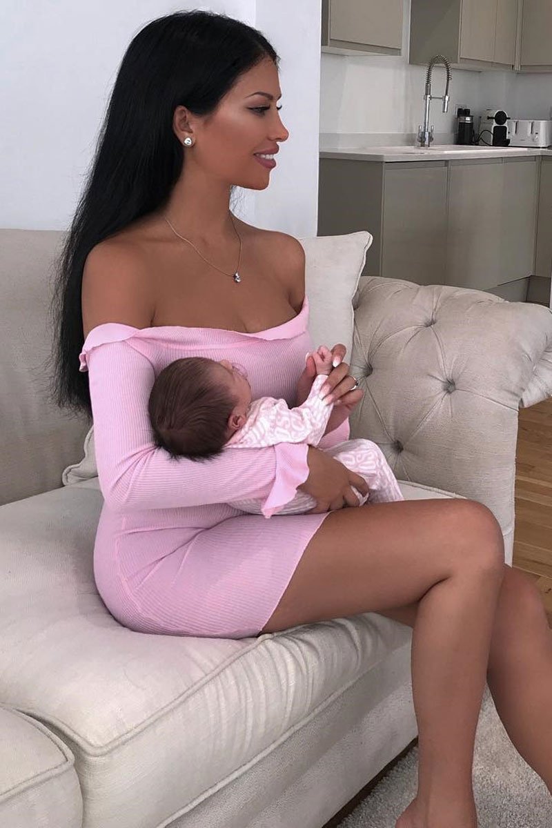 Pink Ribbed Ruffle Long Sleeve Bardot Dress - Madison-Dresses