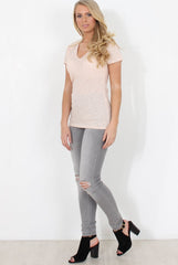 Pink Ribbed V Neck Top - Yvette-Tops