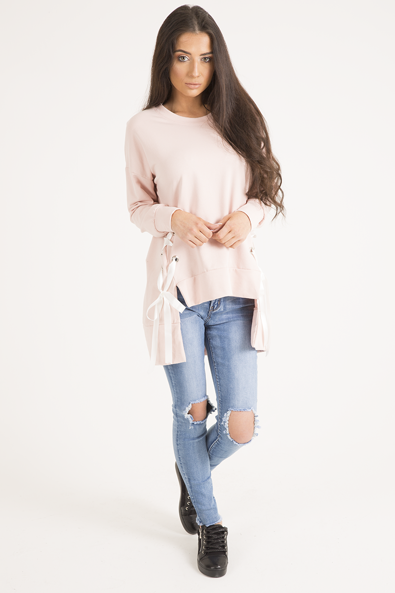 Pink Ribbon Lace Up Dipped Hem Jumper - Wilma-Jumper